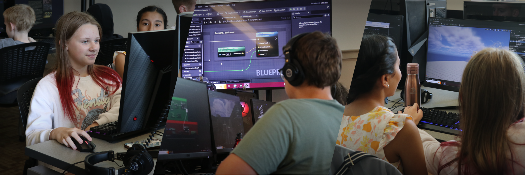 A college of three photos of students looking at computers.